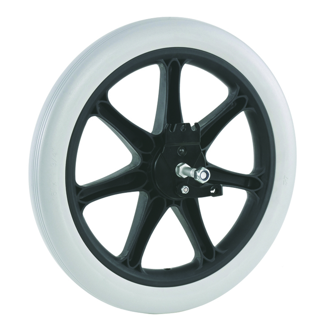 Transfer wheel for wheelchair 16” with drum brake, M12 fixed bolt and grey or black polyurethane tyre
