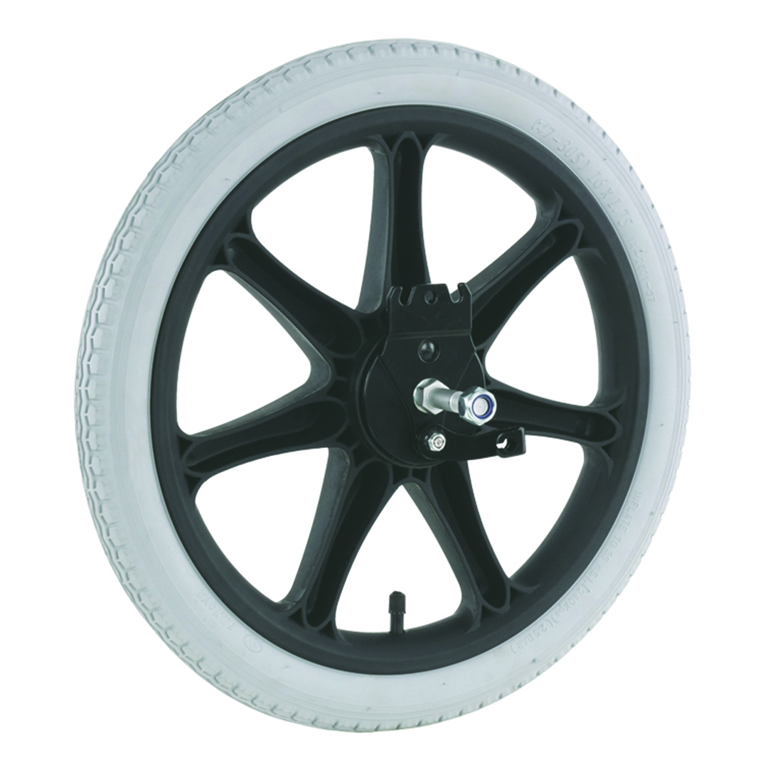 Transfer wheel for wheelchair 16” with drum brake, M12 fixed bolt and pneumatic tyre IA 2601 in grey
